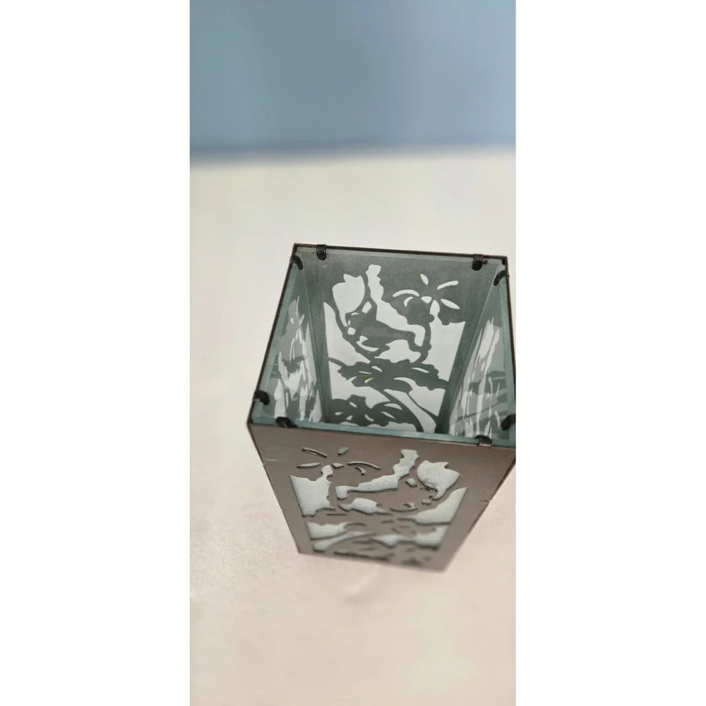 Vintage Black Metal Floral Cutout Frosted Glass Candle Holder Lantern 7.75